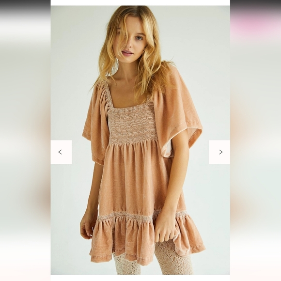 Free People - Easy To Love Mini Dress Velvet Embroidered Smocked - Picture 1 of 8
